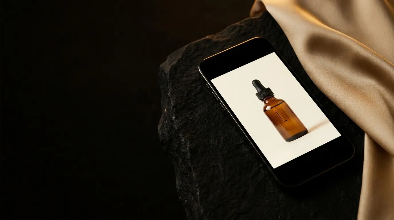 Phone showing a skincare product ad on dark stone next to gold silk